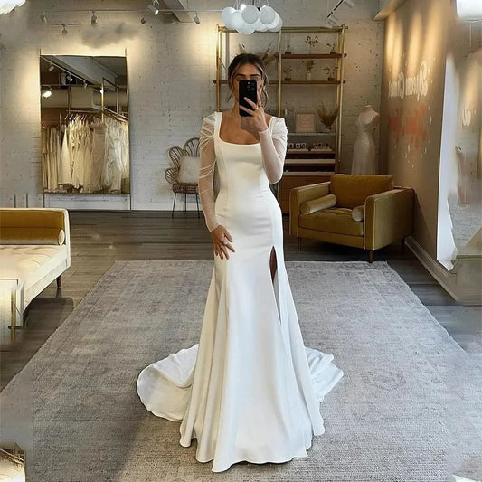 Long Sleeves Mermaid Wedding Dresses Leg Slit Bride Bridal Gowns Square Neck Formal Party Wedding Gowns mariée Ivory 26W