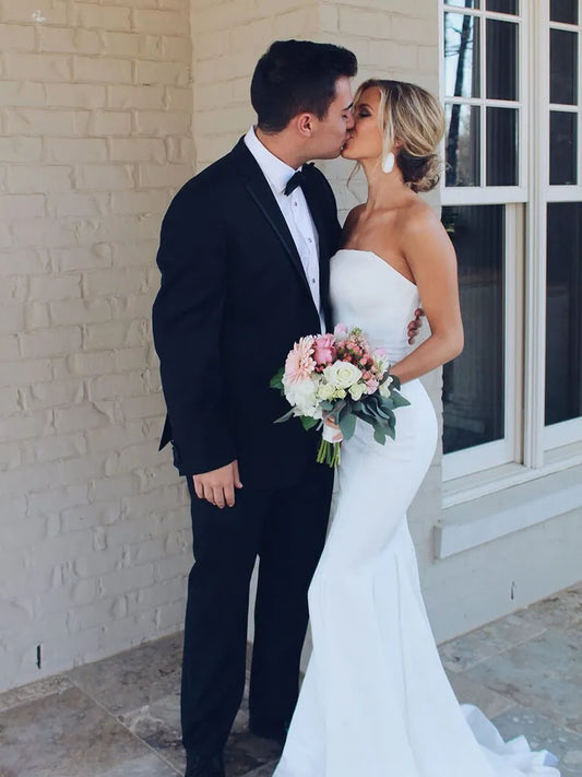 Simple Strapless Ruched Meimaid Stain Wedding Dresses Sexy Boat Neck Sleeveless Floor Length Bridal Gowns Robe de mariée