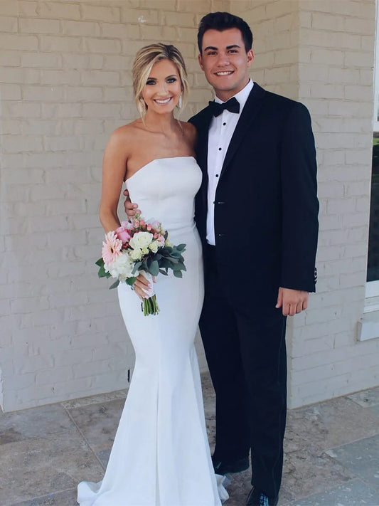 Simple Strapless Ruched Meimaid Stain Wedding Dresses Sexy Boat Neck Sleeveless Floor Length Bridal Gowns Robe de mariée Custom Color