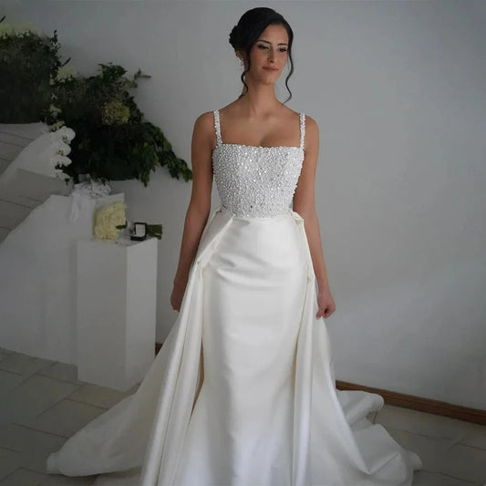 Elegant Spaghetti Straps Mermaid Pearls Beaded Wedding Dresses With Detachable Train Bridal Gowns vestidos de novia