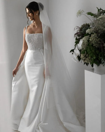 Elegant Spaghetti Straps Mermaid Pearls Beaded Wedding Dresses With Detachable Train Bridal Gowns vestidos de novia Black