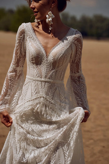 Bohemia Vintage Wedding Dresses For Women V-Neck Backless Bridal Gowns Flare Sleeves Lace Robes Vestidos De Novia White