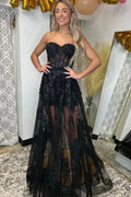 Black Lace Embroid Evening Dress Sweetheart Prom Dress Transparent A-line Party Dress