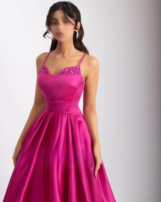 Fuchsia Satin Robes De Soirée Spaghetti Strap A-line Long Train Prom Dresses Elegant Sleeveless Floor-length Wedding Dress