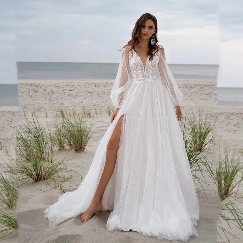 Beach Boho V-neck Tulle Wedding Dress Long Puff Sleeves High Slide Appliques Bridal Gown Custom Made For Women Robe De Mariage Ivory