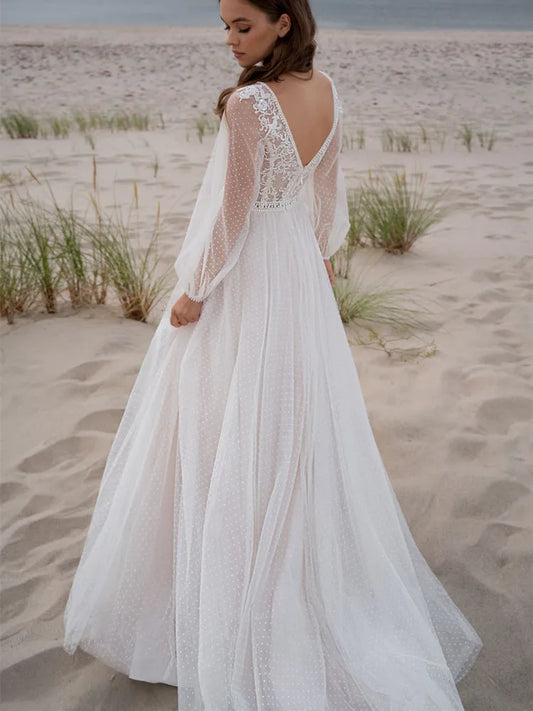 Beach Boho V-neck Tulle Wedding Dress Long Puff Sleeves High Slide Appliques Bridal Gown Custom Made For Women Robe De Mariage