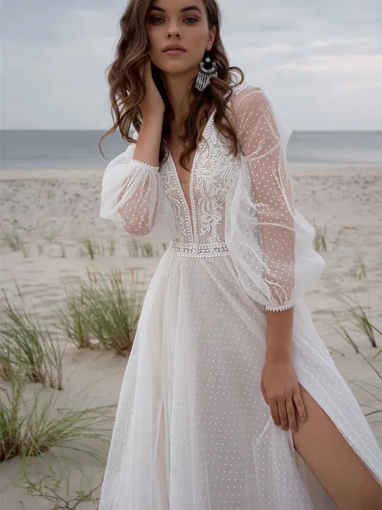 Beach Boho V-neck Tulle Wedding Dress Long Puff Sleeves High Slide Appliques Bridal Gown Custom Made For Women Robe De Mariage