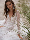 Beach Boho V-neck Tulle Wedding Dress Long Puff Sleeves High Slide Appliques Bridal Gown Custom Made For Women Robe De Mariage