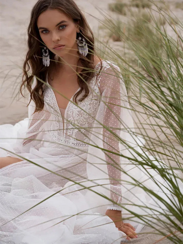 Beach Boho V-neck Tulle Wedding Dress Long Puff Sleeves High Slide Appliques Bridal Gown Custom Made For Women Robe De Mariage