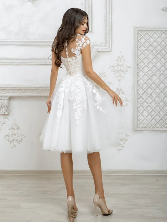 Short Wedding Dresses White For Women Cap Sleeve Lace Appliques Boho Bridal Dress Princess Cute Robe De Mariée Illusion