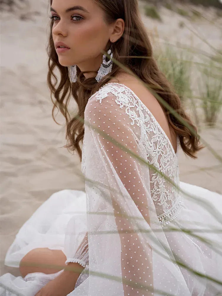 Beach Boho V-neck Tulle Wedding Dress Long Puff Sleeves High Slide Appliques Bridal Gown Custom Made For Women Robe De Mariage