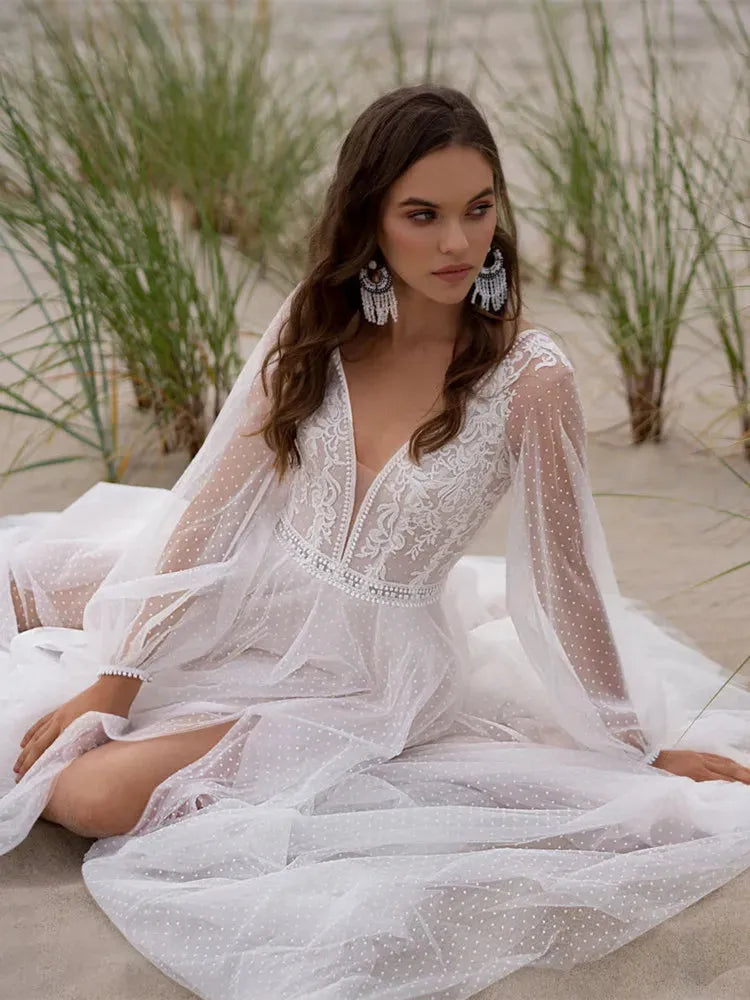 Beach Boho V-neck Tulle Wedding Dress Long Puff Sleeves High Slide Appliques Bridal Gown Custom Made For Women Robe De Mariage