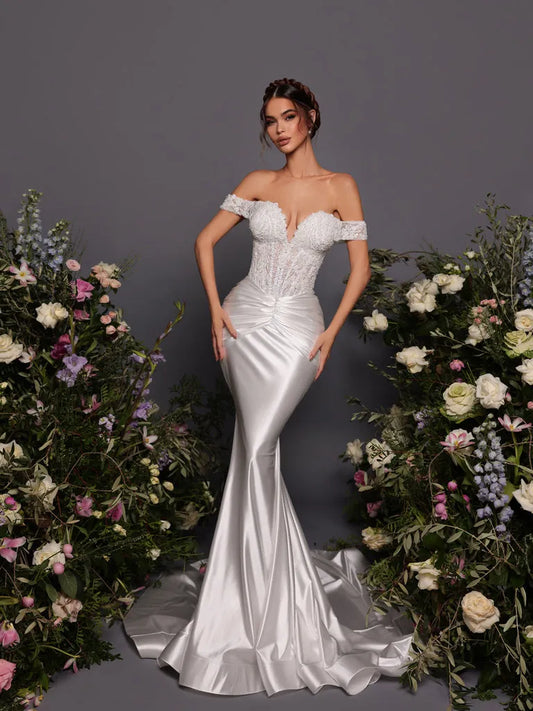 Simple Mermaid Wedding Dresses For Woman Sexy Off Shoulder Appliques Sweep Train Formal Elegant Bridal Gowns Robe De Mariée