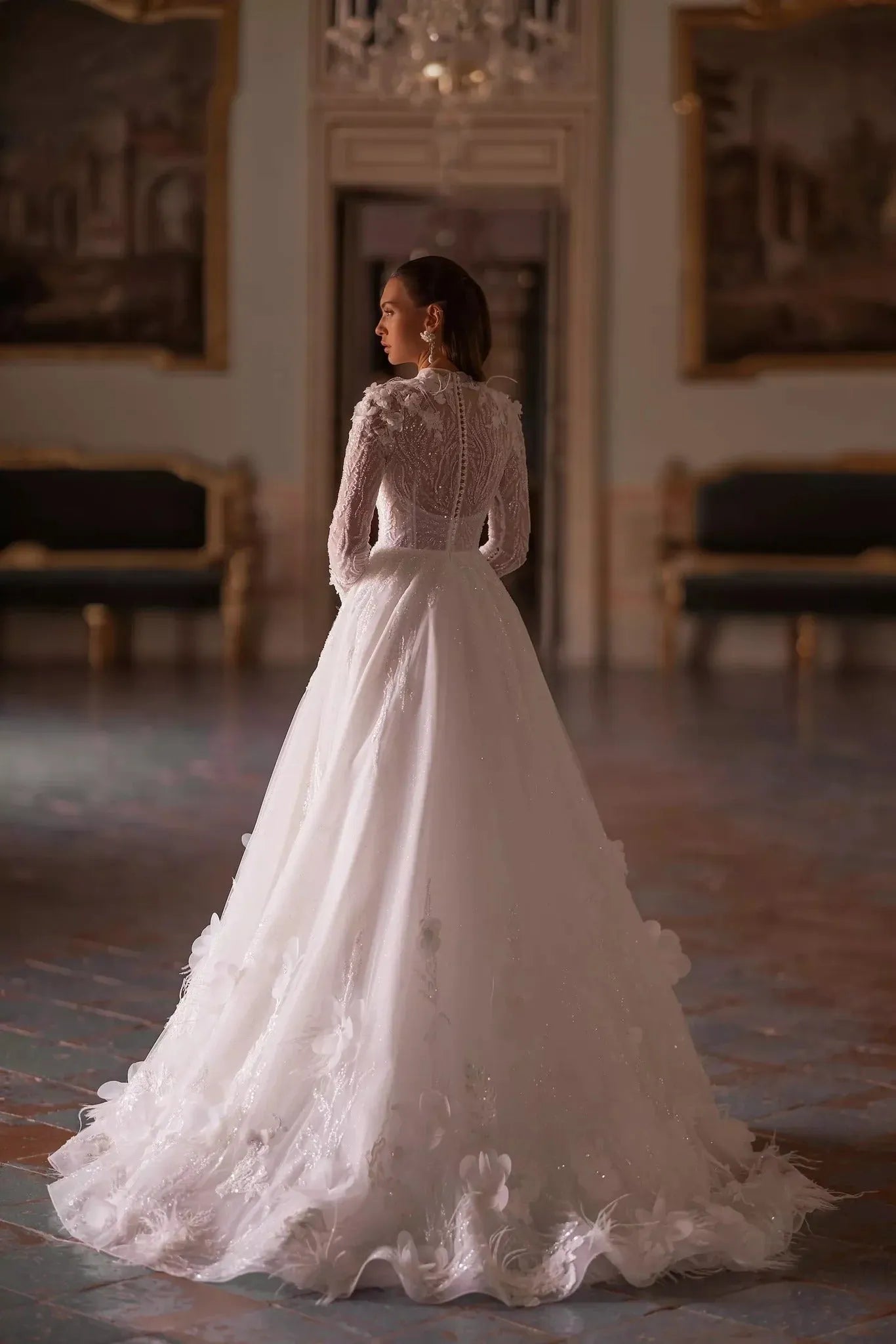 Modest High Collar Wedding Dress Sparkly Sequins Beads Bride Robe Elegant Appliques A-line Long Bridal Gown Robe De Mariée