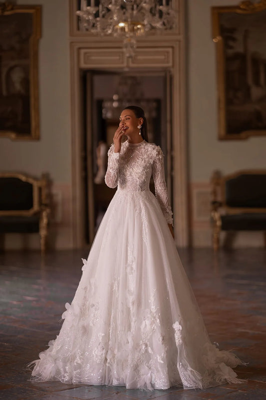 Modest High Collar Wedding Dress Sparkly Sequins Beads Bride Robe Elegant Appliques A-line Long Bridal Gown Robe De Mariée Champagne
