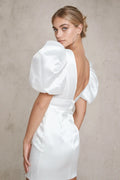 Two Piece Satin V Neck Beach Short Wedding Dresses Detachable Train Backless Short Sleeves A-line Mini Bridal Gowns