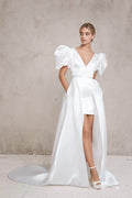 Two Piece Satin V Neck Beach Short Wedding Dresses Detachable Train Backless Short Sleeves A-line Mini Bridal Gowns
