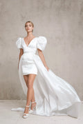 Two Piece Satin V Neck Beach Short Wedding Dresses Detachable Train Backless Short Sleeves A-line Mini Bridal Gowns