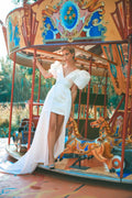 Two Piece Satin V Neck Beach Short Wedding Dresses Detachable Train Backless Short Sleeves A-line Mini Bridal Gowns