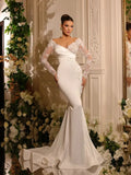Fall In Love Custom Detachable Train Wedding Dress Lace Appliques V-Neck Long Sleeves Bridal Gown Satin Mermaid Evening Dress