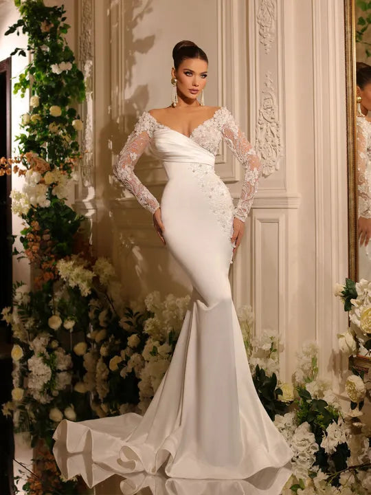 Fall In Love Custom Detachable Train Wedding Dress Lace Appliques V-Neck Long Sleeves Bridal Gown Satin Mermaid Evening Dress
