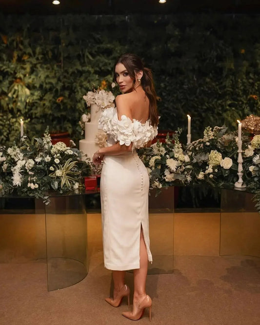 Boat Neck Short Wedding Dress Flowers Appliques Sheath Mid-Calf Bridal Gown Satin Birthday Dress Girls Homecoming Dress