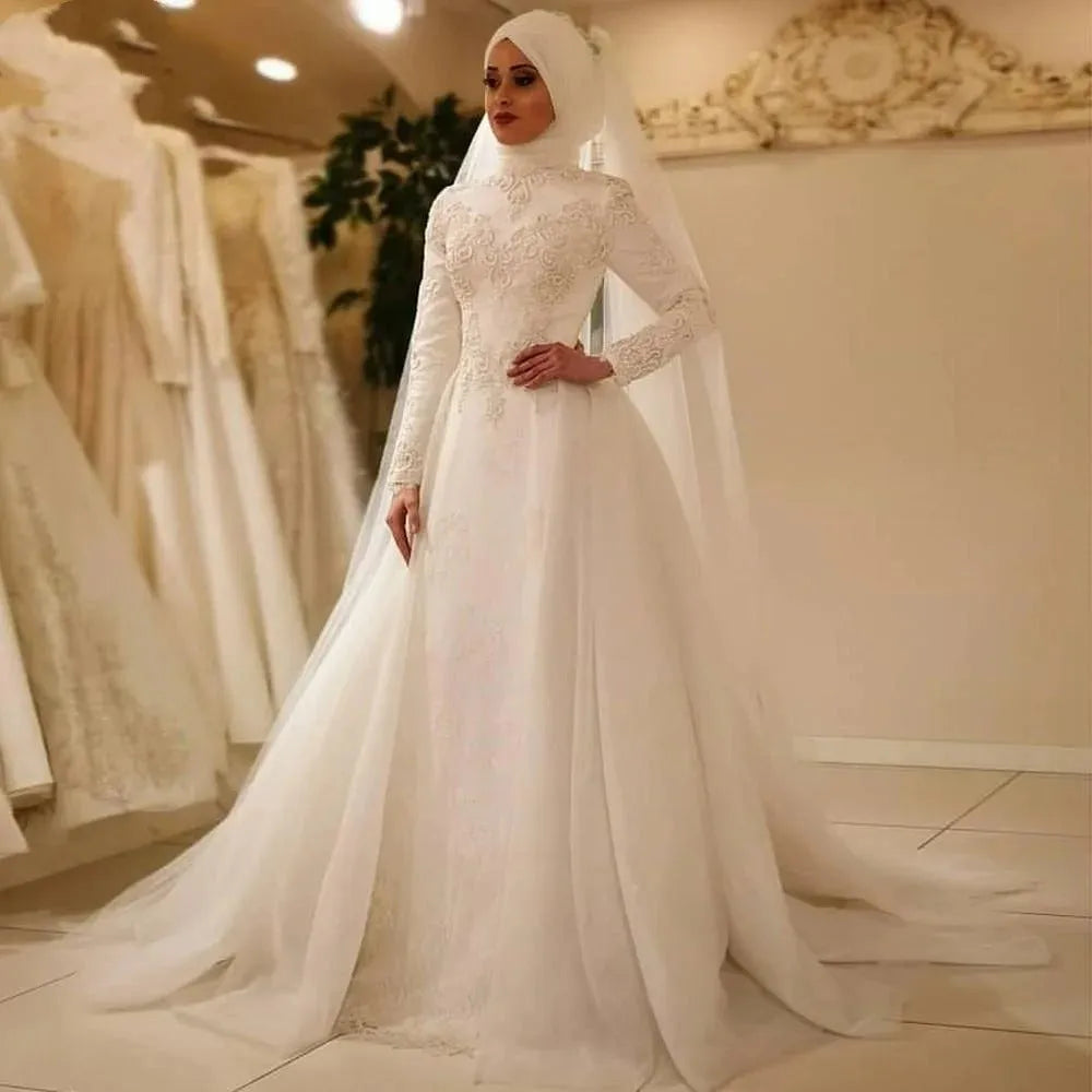 Arabic Muslim Wedding Dresses For Women High Neck Long Sleeves Lace A-line Bridal Gowns With Veils Robe De Mariage Ivory