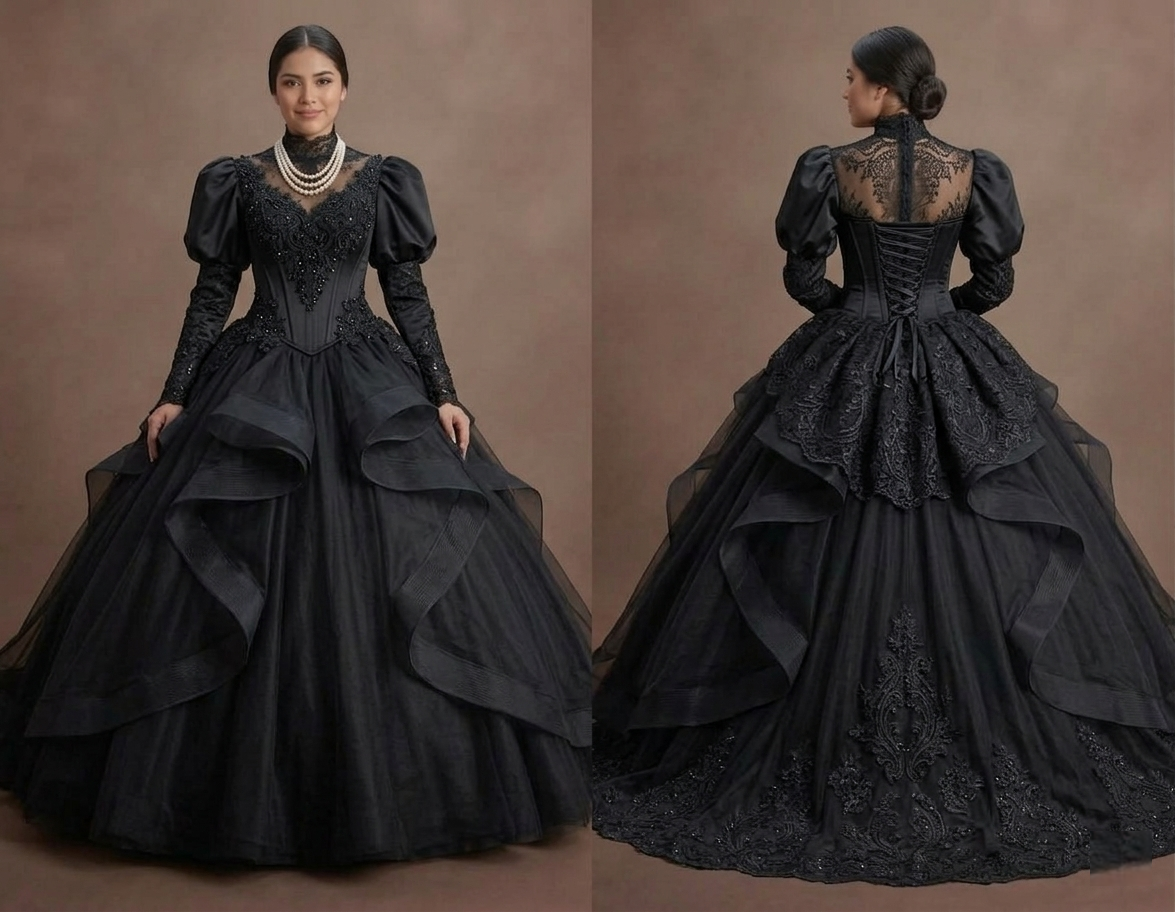 Victorian Black Quinceañera Dress Corset & Lace Detail