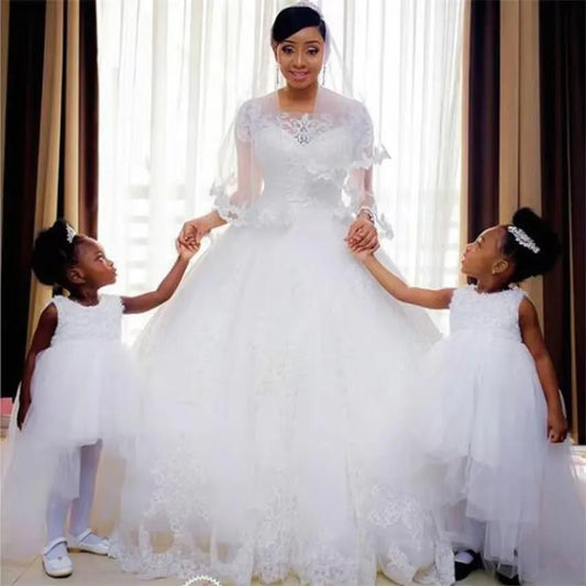 African Wedding Dress O-neck Bridal Dress With Train Lace Up Ball Gown Princess Luxury Lace Wedding Gowns Customize