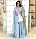 Baby Blue Chiffon Saudi Arabia Long Prom Dresses Cape Sleeves Formal Evening Party Dress Dubai Women Party Gowns