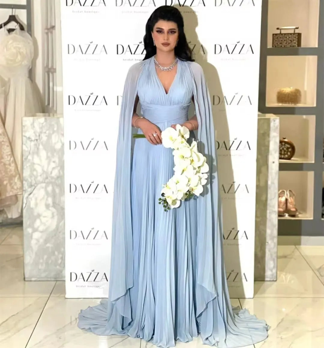 Baby Blue Chiffon Saudi Arabia Long Prom Dresses Cape Sleeves Formal Evening Party Dress Dubai Women Party Gowns