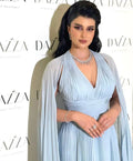 Baby Blue Chiffon Saudi Arabia Long Prom Dresses Cape Sleeves Formal Evening Party Dress Dubai Women Party Gowns