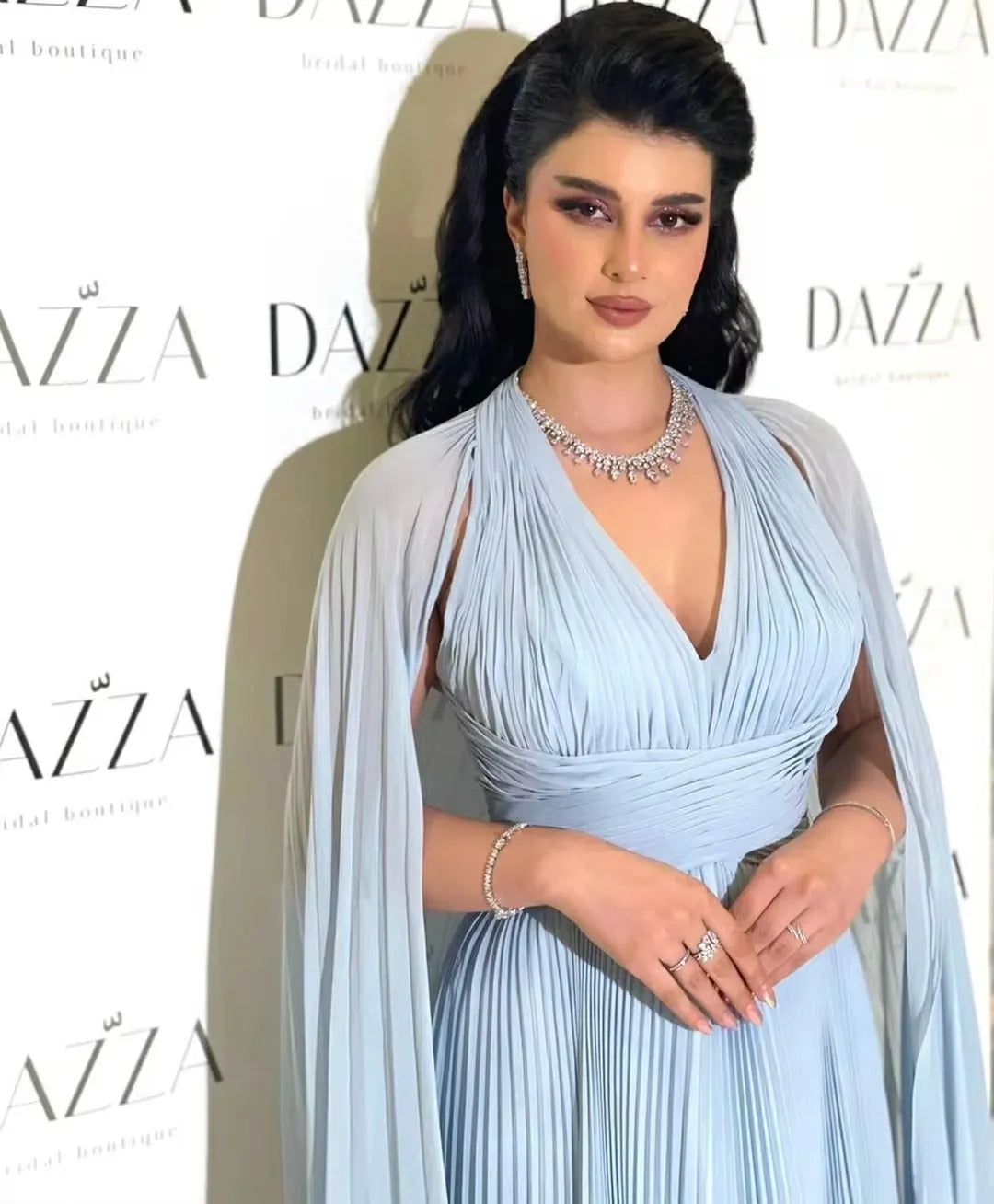 Baby Blue Chiffon Saudi Arabia Long Prom Dresses Cape Sleeves Formal Evening Party Dress Dubai Women Party Gowns