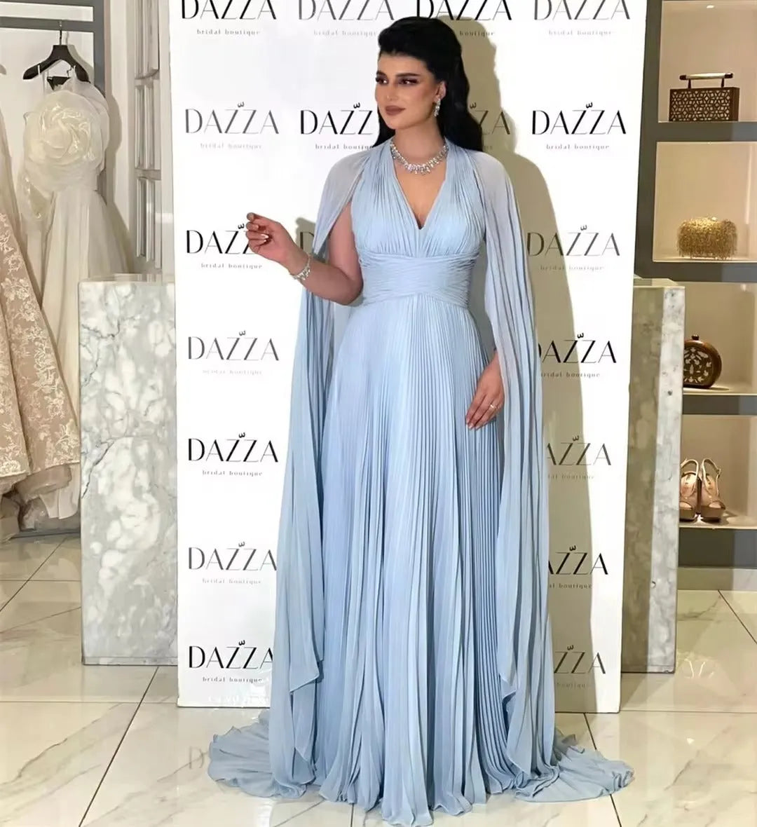 Baby Blue Chiffon Saudi Arabia Long Prom Dresses Cape Sleeves Formal Evening Party Dress Dubai Women Party Gowns