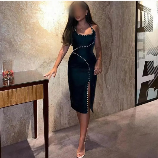 Black Sheath Crystals Short Prom Dresses Satin Scoop Women Party Gowns Slit Tea-Length Night Club Pageant Dress