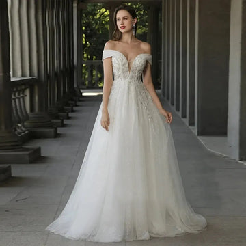 Off The Shoulder Ivory Boho Wedding Dresses For Women Bride A Line Chic Beading Bohemian Bridal Beach Gown Robes Ivory