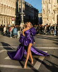 Summer Purple Mini Prom Dresses With Detachable Train Pleats Long Sleeve Evening Gowns Pageant Dress Robes De Soirée