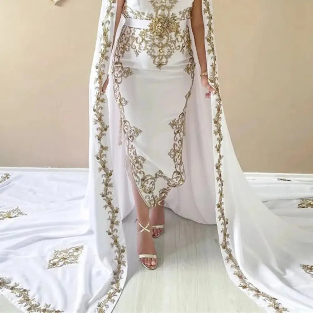 Modest White Traditional Algerian Outfits Mermaid Strapless Appliques Cape With Train Floor Length Formal Prom Gowns