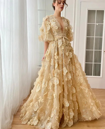 Fairy Prom Dress A-Line Deep V-Neck Half Flare Sleeves Ruched 3D Flowers Floor Length Evening Dress robes de soirée