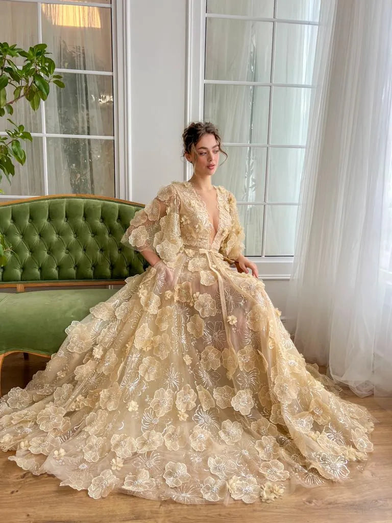 Fairy Prom Dress A-Line Deep V-Neck Half Flare Sleeves Ruched 3D Flowers Floor Length Evening Dress robes de soirée