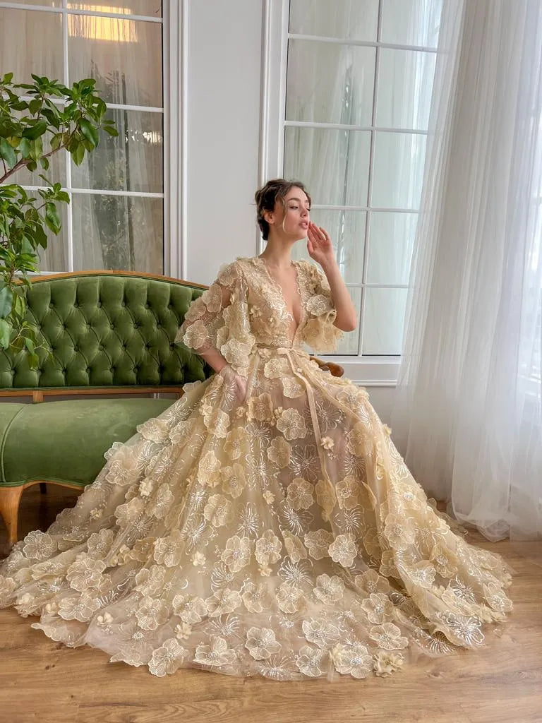 Fairy Prom Dress A-Line Deep V-Neck Half Flare Sleeves Ruched 3D Flowers Floor Length Evening Dress robes de soirée
