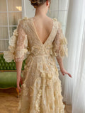 Fairy Prom Dress A-Line Deep V-Neck Half Flare Sleeves Ruched 3D Flowers Floor Length Evening Dress robes de soirée