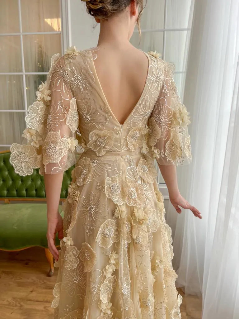 Fairy Prom Dress A-Line Deep V-Neck Half Flare Sleeves Ruched 3D Flowers Floor Length Evening Dress robes de soirée