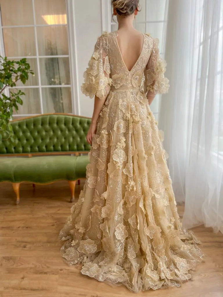 Fairy Prom Dress A-Line Deep V-Neck Half Flare Sleeves Ruched 3D Flowers Floor Length Evening Dress robes de soirée