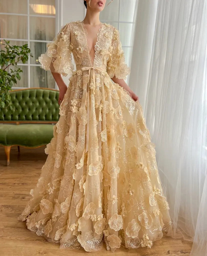 Fairy Prom Dress A-Line Deep V-Neck Half Flare Sleeves Ruched 3D Flowers Floor Length Evening Dress robes de soirée