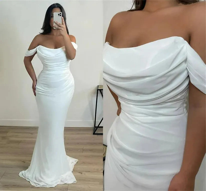 Arabic Evening Dresses for Wedding Party Off the Shoulder White Pleats Chiffon Mermaid Formal Celebrity Prom Gowns