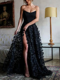 Luxury 3D Flower Embroid Black Lace Prom Dress Sexy Side High Split Corset A-line Party Dress