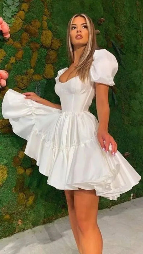 Vintage Ivory Satin Short Wedding Party Dresses For Reception Sleeves Fitted Ruffled Corset Bridal Gowns African Prom Dress