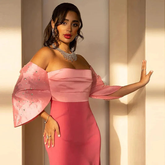 Elegant Patchwork Color Formal Evening Dresses Off The Shoulder Sequines Mermaid Satin Long Prom Dress Women Gowns