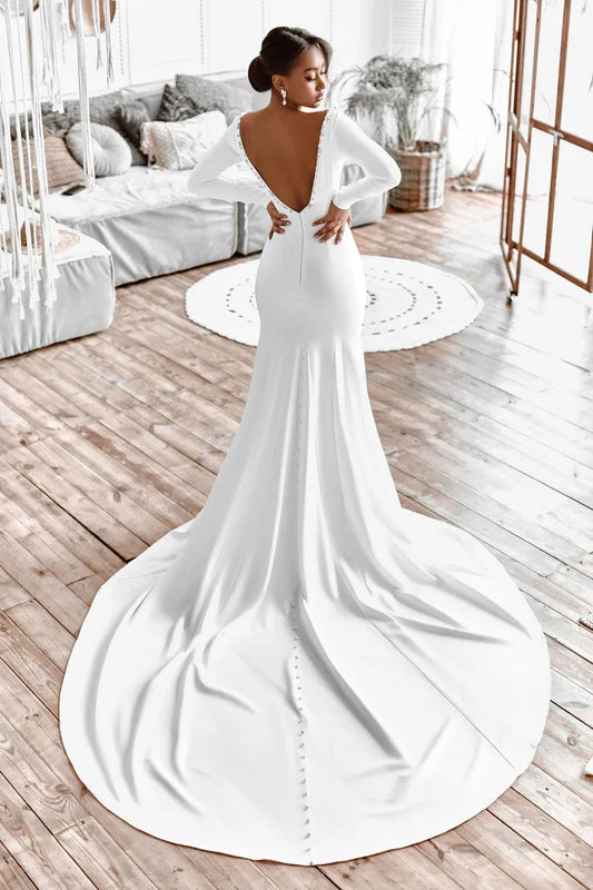 Graceful Sexy Deep V Neck Mermaid Wedding Dress Crystal Chic Low-Back Long Sleeves Court Train Bridal Gown Robe Custom